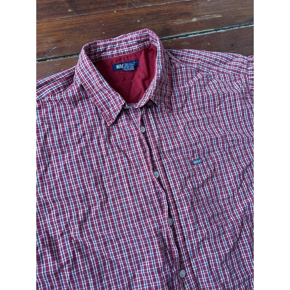 VTG Aeropostale Shirt Men's XL Button Down Red Plaid Grunge 90s Short Sleeve - Picture 2 of 5
